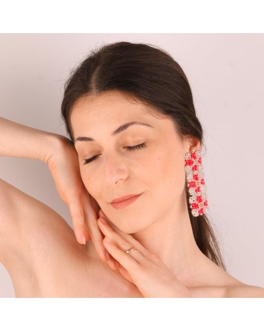 Oana Savu Pink Glass Beads & Lace Design Long Elegant Earrings