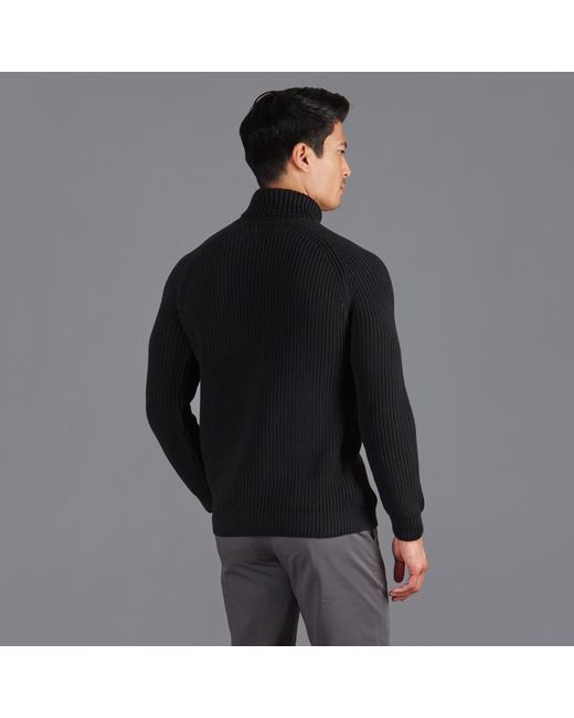 Paul James Knitwear Blue Cotton Jacob Fisherman Rib Knit Roll Neck Jumper for men