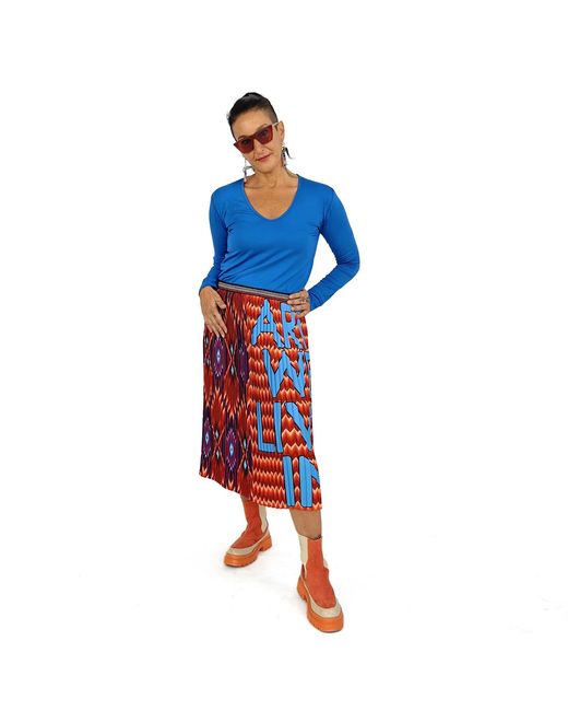 Lalipop Design Blue Geometric Pattern With Light Logo Print Pleated Midi Skirt