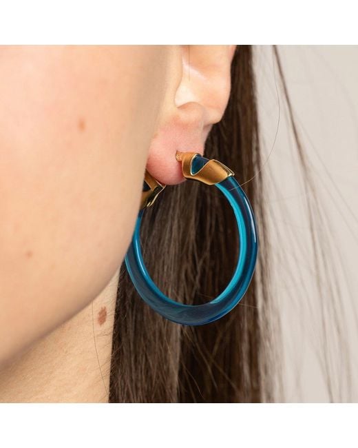 Gold & Honey Blue Topaz Classic Flat Lucite Birthstone Hoop Earrings
