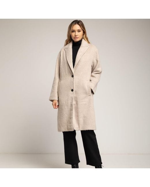 Tantra Spain Sl Natural Neutrals Wool Coat With Lapels, Button Closure, And Side Pockets