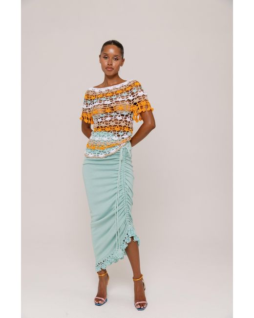 Andreeva Green Mint Carnation Knit Skirt With Handmade Embroidery