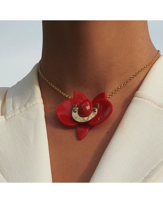 Gissa Bicalho Red Acrylic Handmade Necklace Orchid Pendant