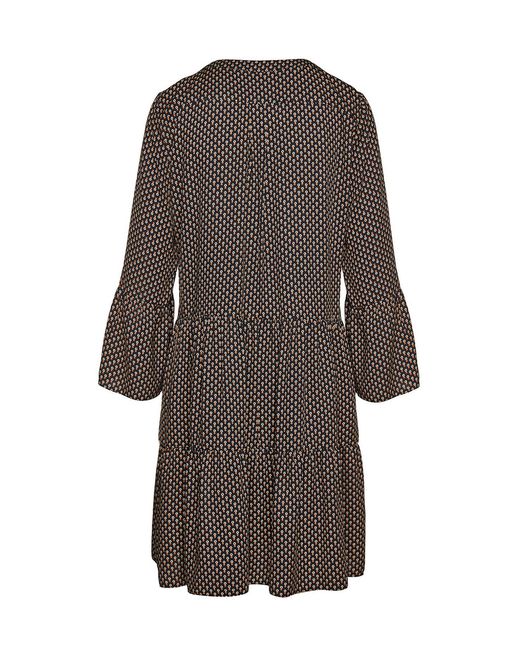 Conquista Brown Print Gathered Seams Dress With Bell Sleeves