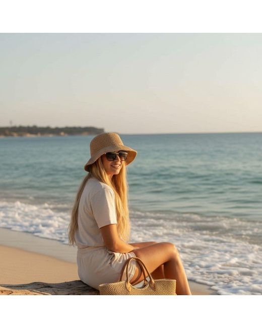 Springmoonatelier Brown Neutrals Luxury Handmade Raffia Crochet Bucket Hat – Premium Cream Butterfly