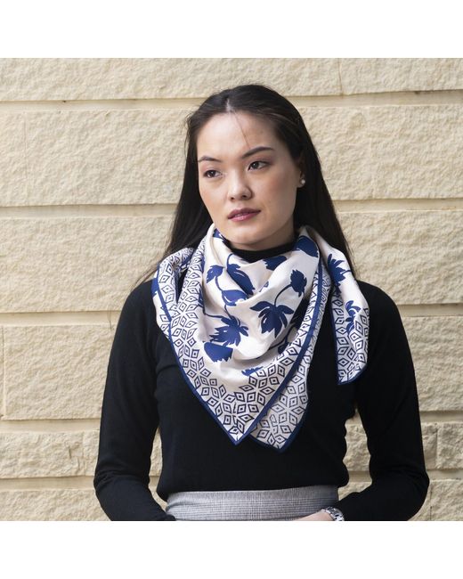 Heritagemoda Blue Neutrals Champagne And Hand-Block Printed Silk Scarf