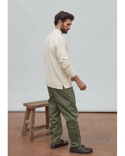 Paul James Knitwear Natural Neutrals Midweight Cotton Linen Sark Mock Neck Gansey Jumper for men