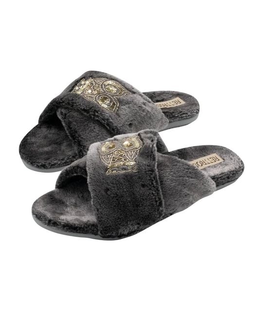 Rettrose Black Georgia Charcoal Luxury Plush Diamanté Embellished Handmade Slipper