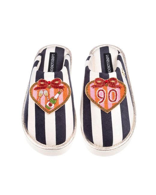 Laines London Red Flatform Stripe Closed Toe Slippers With Stripe Heart 90Th Birthday Brooches