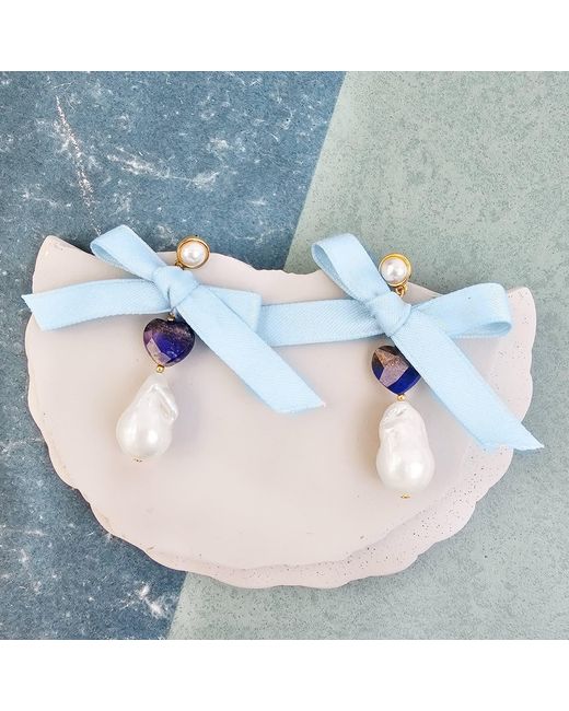 Farra Blue Baroque Pearl With Lapis And Silk Bowknot Earrings