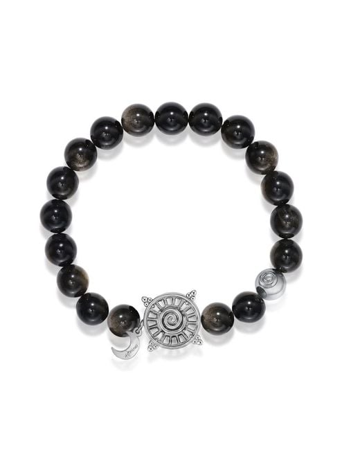 Aurozia Black Three Charms Solar Meridian Whitegold Plated Sundial And The Sun Coin Golden Obsidian Beaded Bracelet