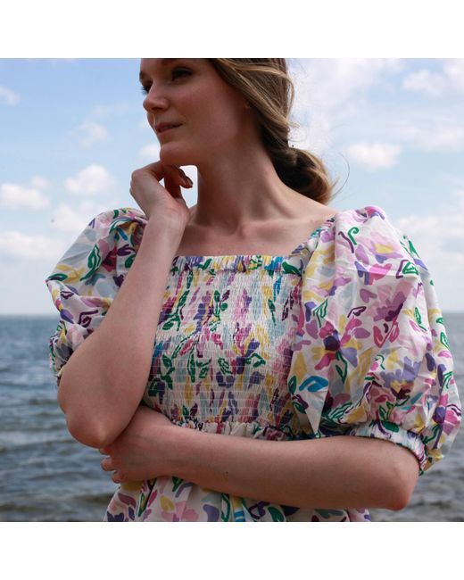 Jessie Zhao New York Blue Garden Smocked Cotton Silk Dress