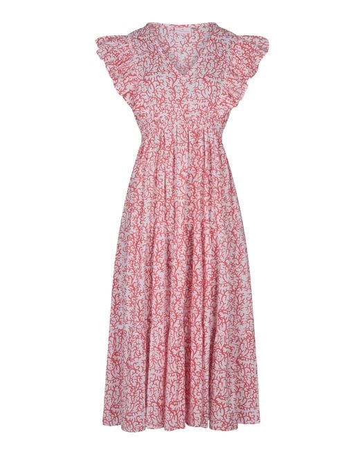 La Mandarine Pink Floral Summer Maxi Dress, Frilled Sleeve Cotton Summer Dress With Pockets, Coralie