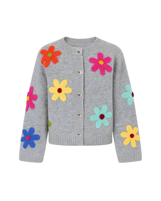 Yumi' Gray Knitted Flower Applique Cardigan