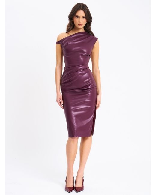 Miss Circle New York Purple Sabina Leather Slash Neck Midi Dress