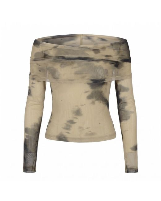 Modenaire Green Off Shoulder Mesh Top With Tie Dye Print And Fitted Silhouette