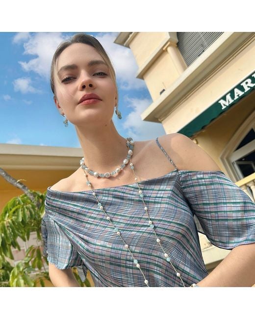 Farra Metallic Aquamarine And Freshwater Pearls Long Necklace