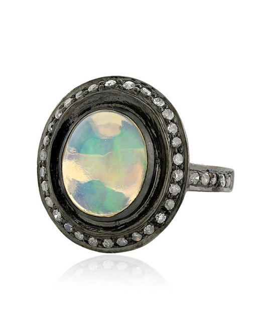 Artisan Green 18k Silver With Oval Cut Ethiopian Opal & Pave Diamond Vintage Cocktail Ring