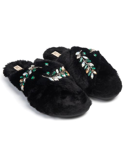 Rettrose Black Thea Luxury Plush Diamanté Embellished Handmade Slipper