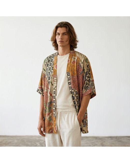 ORIGIN OF HEARTS Brown Marei Floral Print Satin Kimono Shirt For Resort Living for men