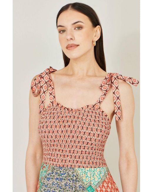 Yumi' Green Multicolour Patchwork Ruched Smocked Maxi Sundress