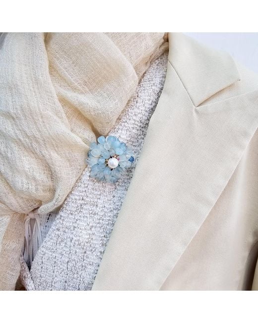 Farra Blue Handcrafted Flower Shape Natural Aquamarine Brooch