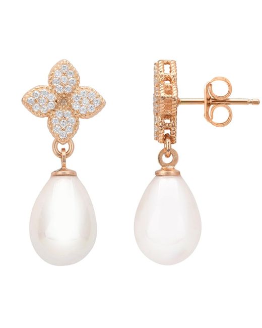 Latelita London White Rose Clover Flower Pearl Drop Cz Earrings Rosegold