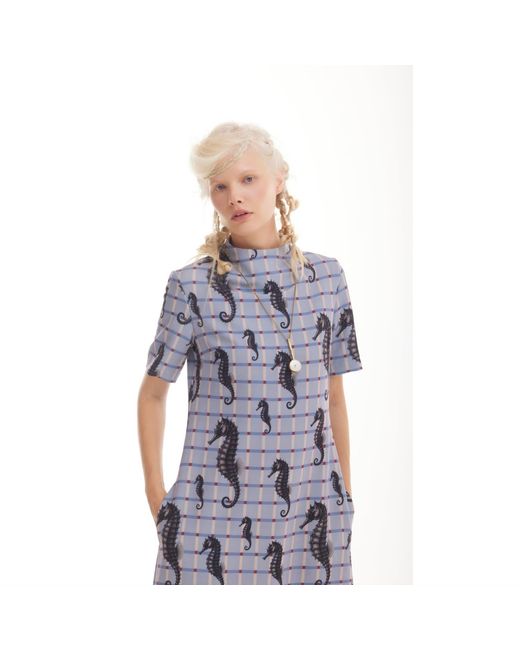 Julia Allert Gray Neutrals Pale Seahorse Grid Print Fluid A-Line Dress – Capsule Edition
