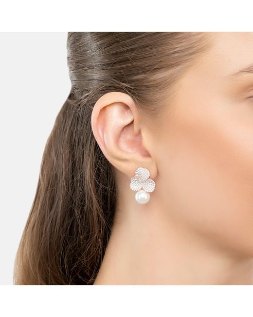 Latelita London Natural Rose Iris Flower And Pearl Dangle Earrings Rosegold