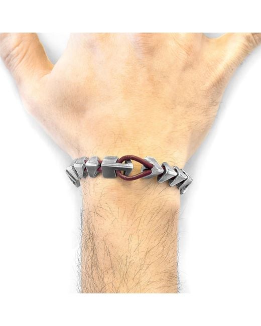 Anchor and Crew Metallic Red Bordeaux Brixham Maxi Silver & Round Leather Bracelet for men