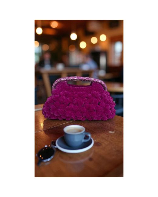 Springmoonatelier Purple Handmade Fuchsia Velvet Crochet Designer Bag – A Unique And Statement-Made Piece