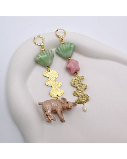 Midnight Foxes Studio Green Pink Pig & Star Gold Earrings