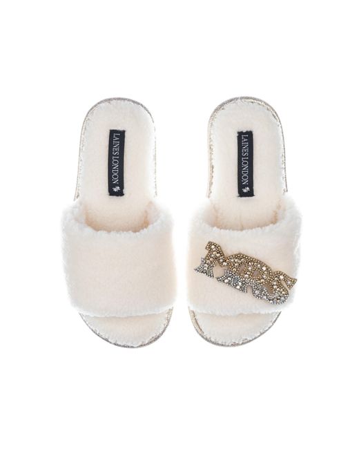 Laines London White Teddy Towelling Slipper Sliders With Mrs Brooch