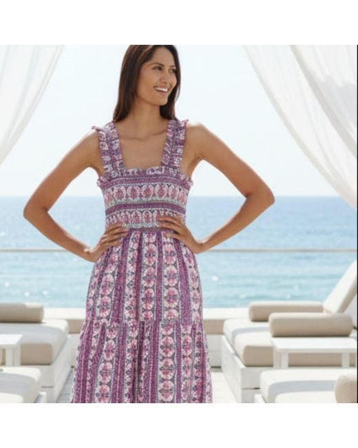 La Mandarine Purple Summer Maxi Dress With Pockets. Block Print Cotton Summer Midi Nap Dress Lila