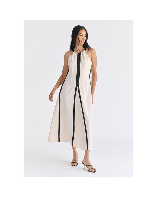 Paisie Natural Neutrals Contrast Details Halterneck Midi Dress