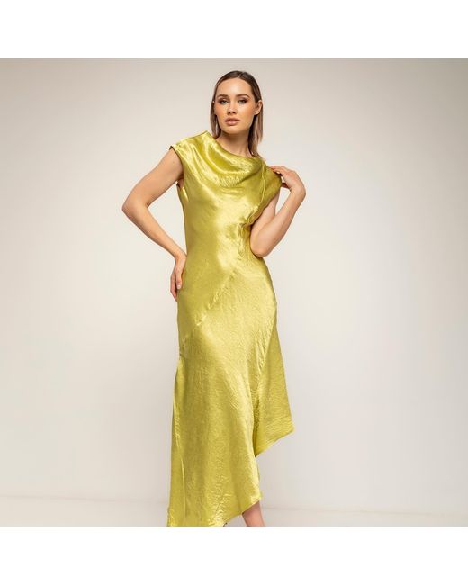 Tantra Spain Sl Yellow Midi Dress With A Silk-Textured Boat Neckline And An Asymmetrical Hem