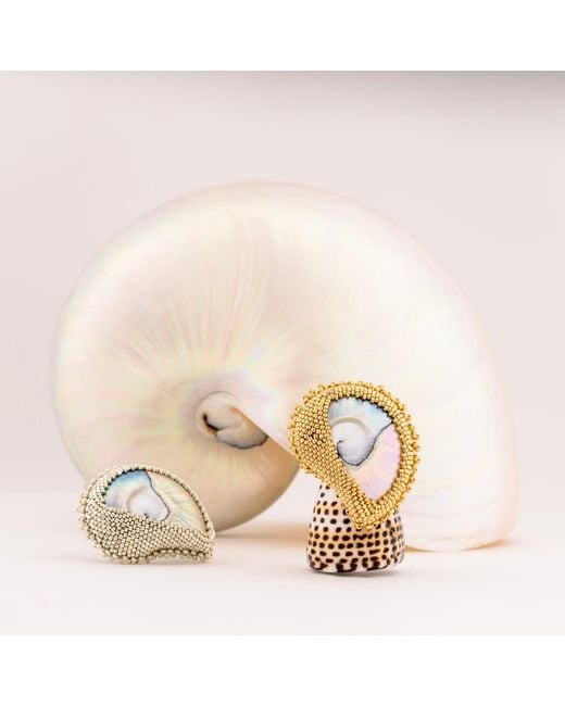Oana Savu White Beaded Nautilus Seashell Shell Ring Adjustable Sterling