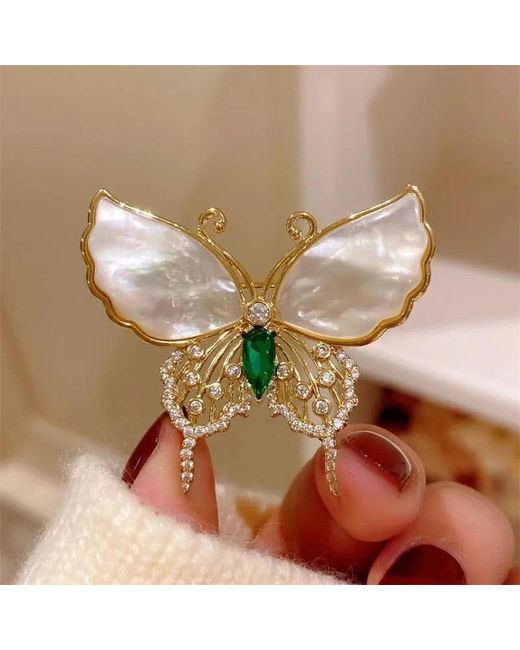 Angel Barocco Metallic Natural Shell Diamond Butterfly Brooch