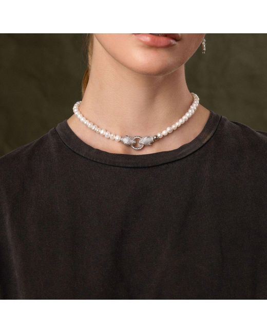 Nialaya Metallic Pearl Choker With Double Panther Head