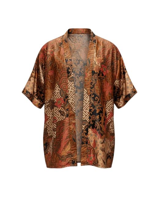 ORIGIN OF HEARTS Brown Tarua Resort Satin Kimono Shirt