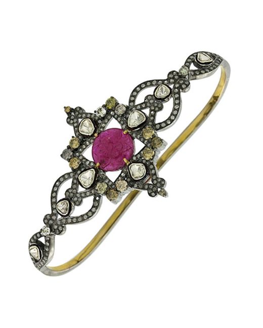Artisan Green 18k Gold & 925 Silver With Carved Ruby And Uncut Diamond Classic Palm Bracelet