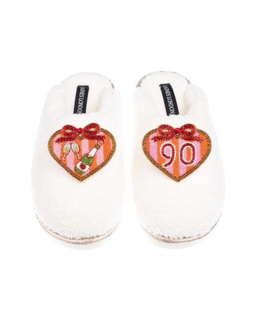 Laines London Red Neutrals Teddy Closed Toe Slippers With 90Th Stripe Heart Birthday Brooches