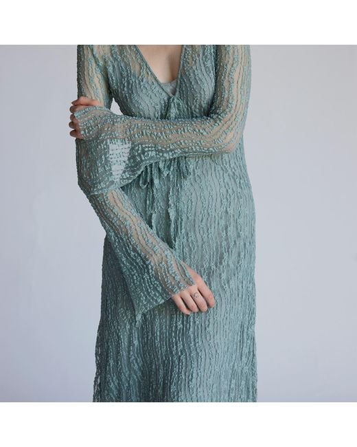 Belsize25 Blue Trumpet Dress Flared Sleeve Sheer Lace Knit Dress