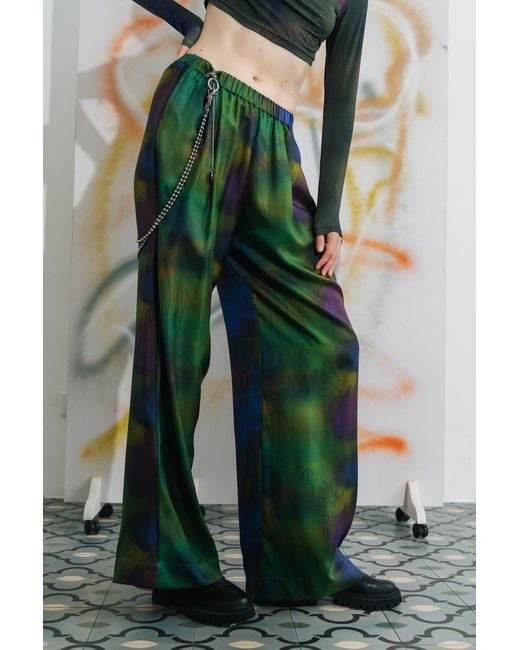 Lost Pattern Green Brooklyn Silk Wide Leg Pants