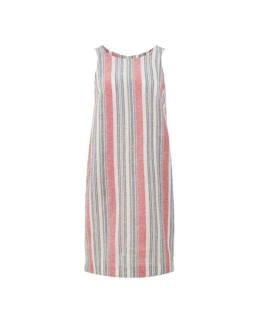 Conquista Pink Coral Striped Cotton-Linen Dress With Pockets