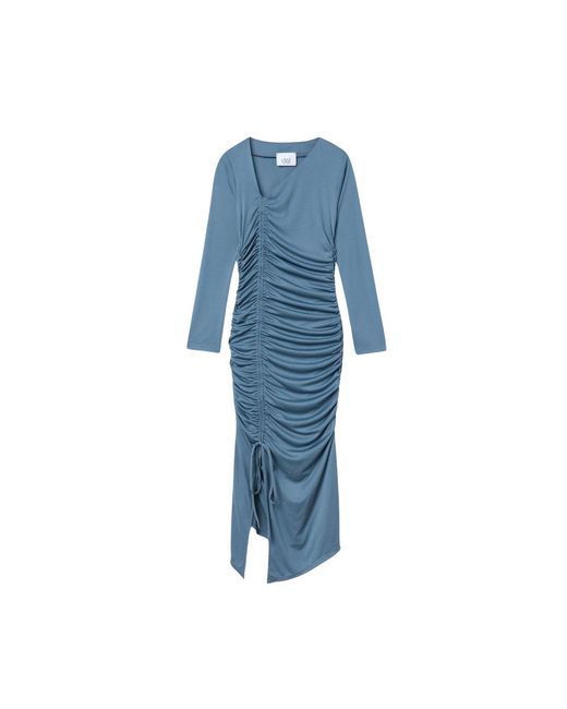 Dāl the Label Blue Ruched Asymmetric Midi Dress