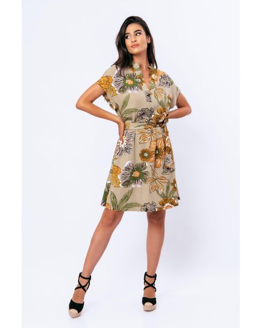 Conquista Metallic Linen Style Bold Floral Print Dress With Mandarin Collar