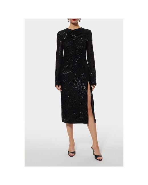 AGGI by HALEWSKI Black Madlen Sparkle Sequined Midi Dress With Long Sleeve