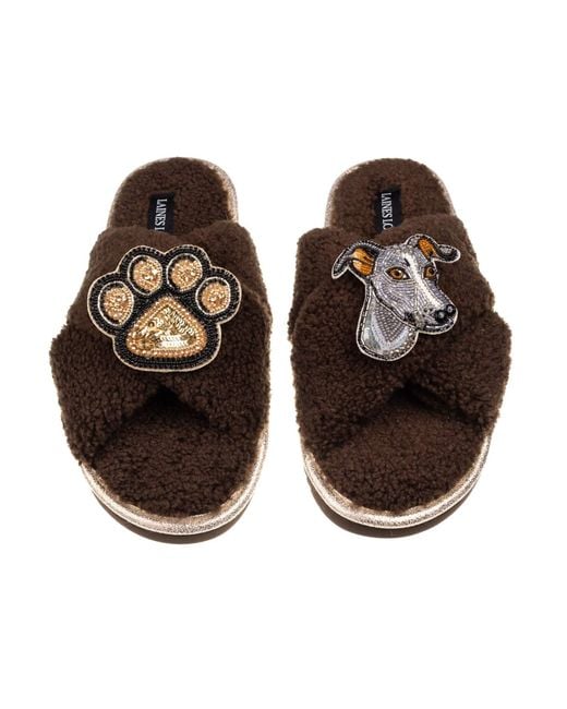 Laines London Brown Neutrals Laines Neutral Boucle Slippers With Vinny The Italian Greyhound & Paw Brooches