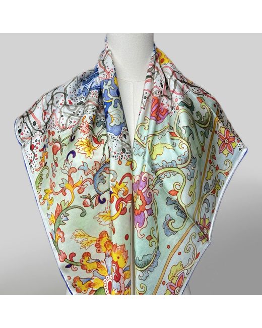 Wenzi Blue Tapestry Of Time Hand Painted Mulberry Silk Square Scarf
